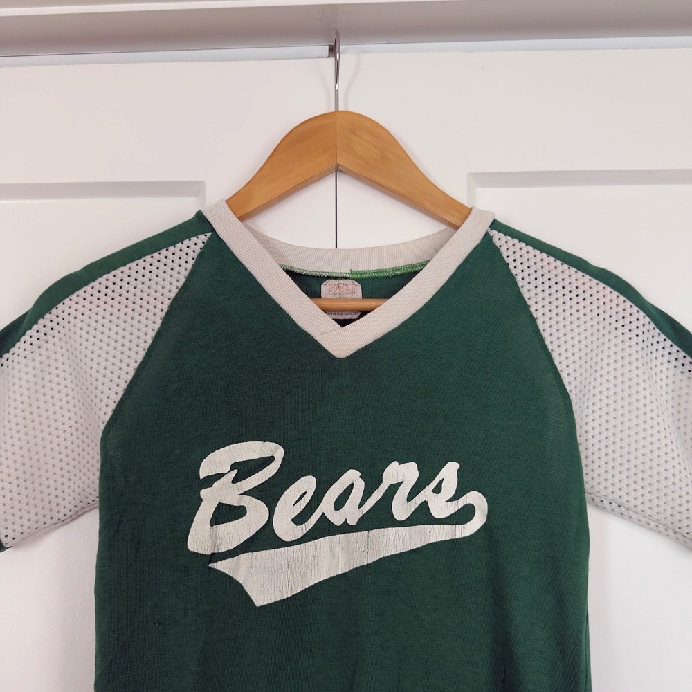 Kids Vintage Bears Jersey Size Green Mesh Sleeve Number Ringer Style V-Neck